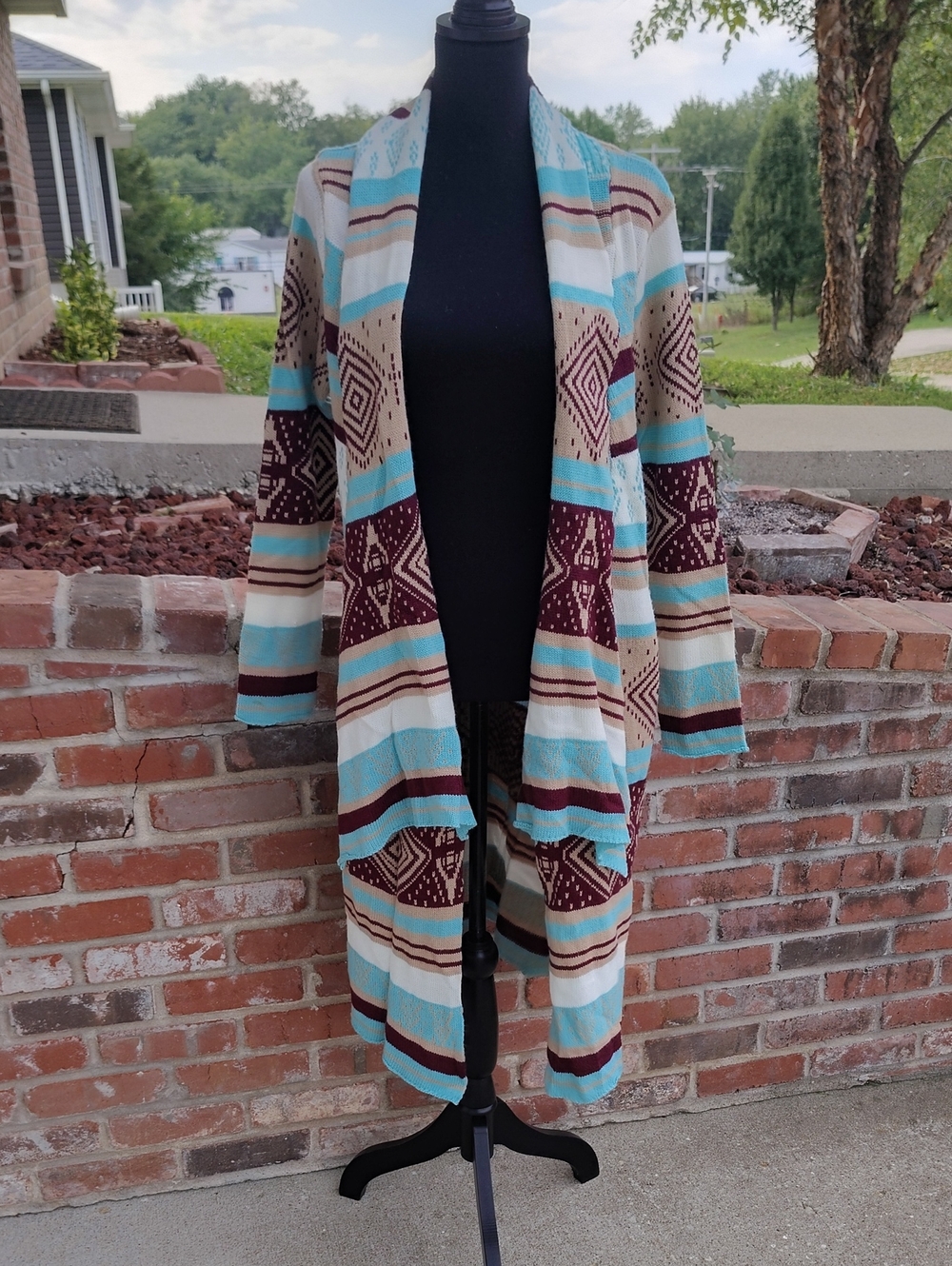 L Love Cotton Blend Mixed Print Asymmetrical Hem Knit Cardigan Size M/L Bohemian